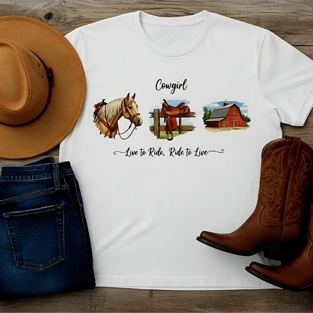 Cowgirl Western Graphic Tee • Live to Ride Shirt • Horse Barn Saddle Country Top